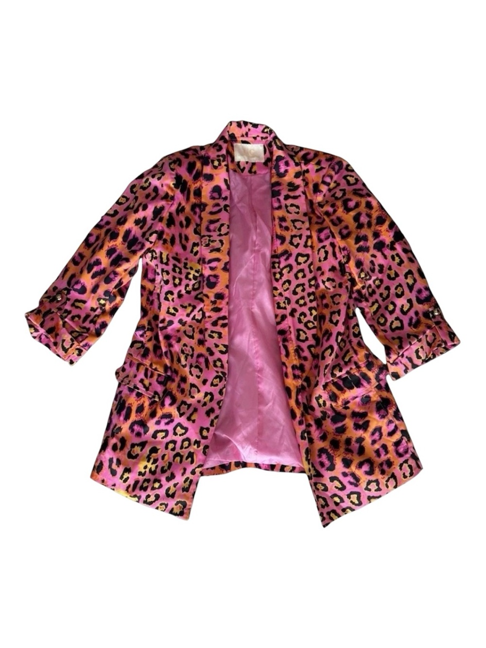 80s Grunge Glam Neon Pink Orange Animal Print Cropped Blazer Jacket Size Small